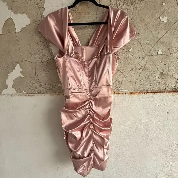 Superdown Corset Dress Satin Ruched Mini NWT Womens S‎ Blush Off Shoulder Party - Picture 6 of 7